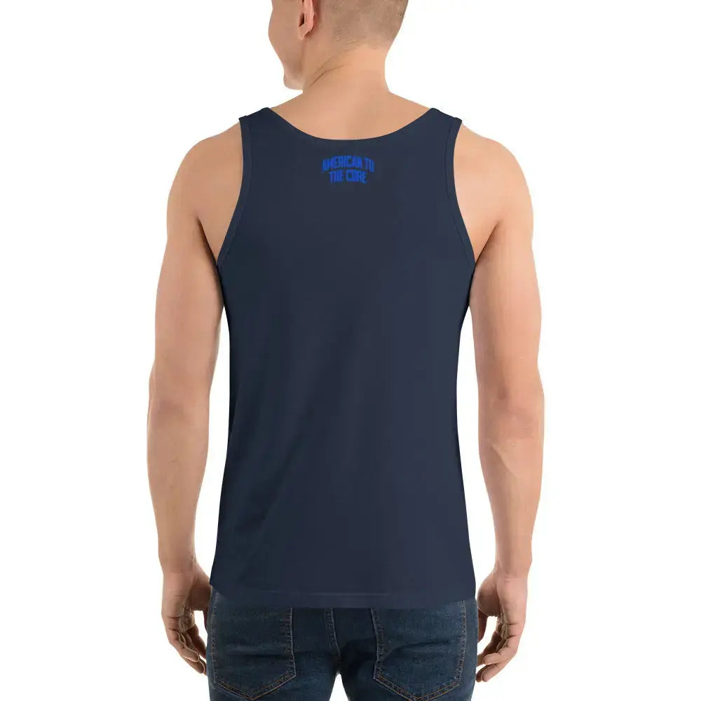 Back of a man wearing a navypatriotic tank top with the text "American To The Core" in blue. 