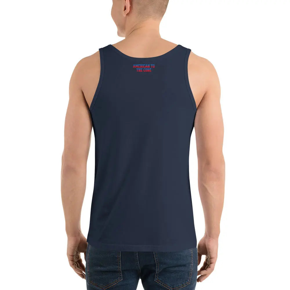 Back of a man wearing a navy patriotic tank top with the text "American To The Core."