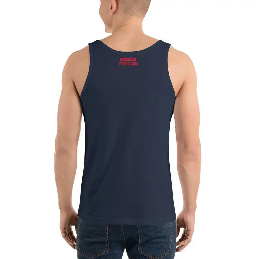 Back of a man wearing a navy patriot tank top with the text "American To The Core."