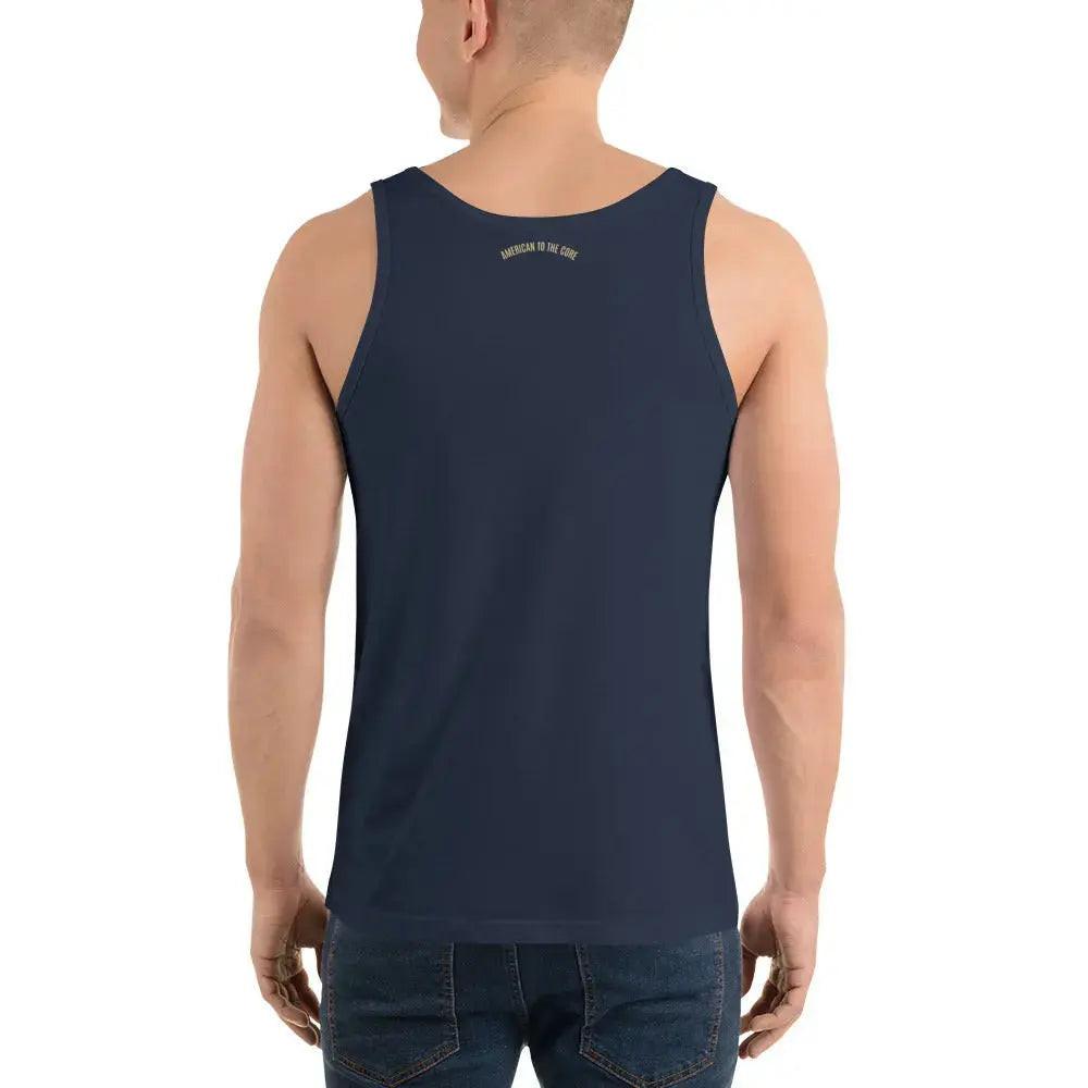 Back of a man wearing a navy patriotic tank top with the text "American to the core" in gold. 