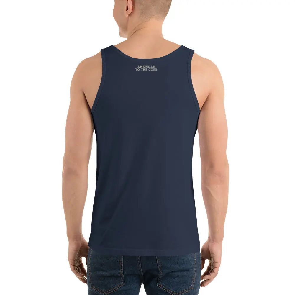 Back of man wearing a navy patiotic tank top with the text "American To the Core."