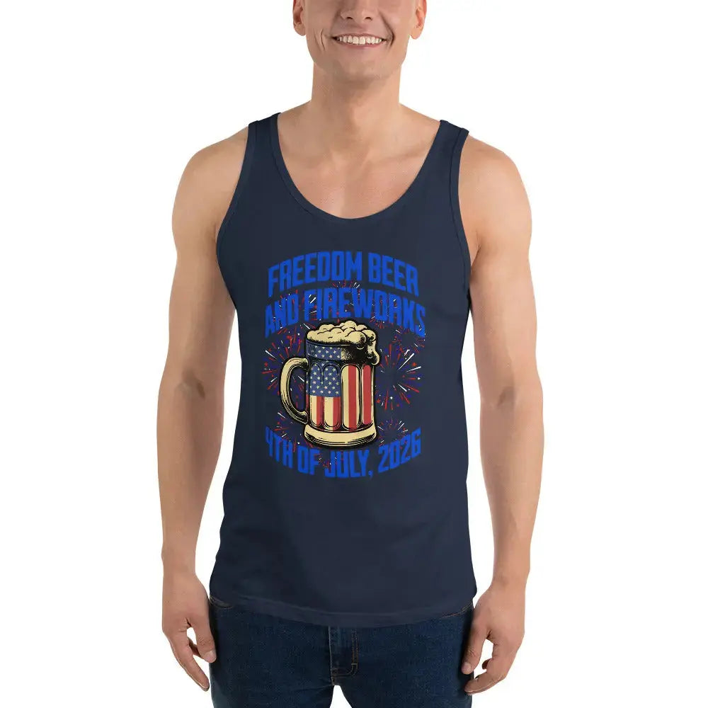 Man wearing a navy patriotic tank top with an American flag in the shape of beer and the text "Freedom, Beer, and Fireworks, 4th of July, 2026."