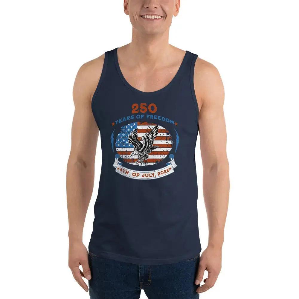 A man wearing a navy patriotic tank top with a flying eagle over the American flag and the text "250 years of freedom, 4th of July, 2026."
