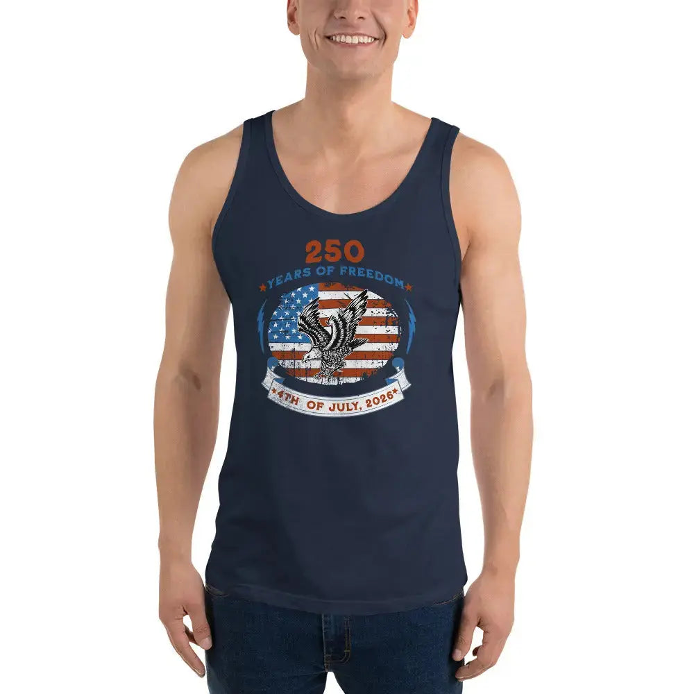 A man wearing a navy patriotic tank top with a flying eagle over the American flag and the text "250 years of freedom, 4th of July, 2026."