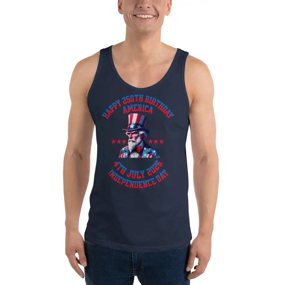 A man wearing a navy patriotic tank top with Uncle Sam and the text "Happy 250th birthday America." 