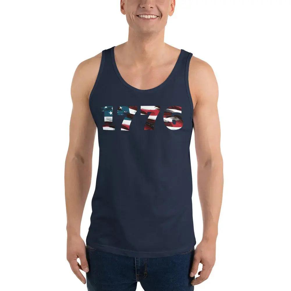 A man wearing a navy patriotic tank top with the American flag in the shape of 1776. 