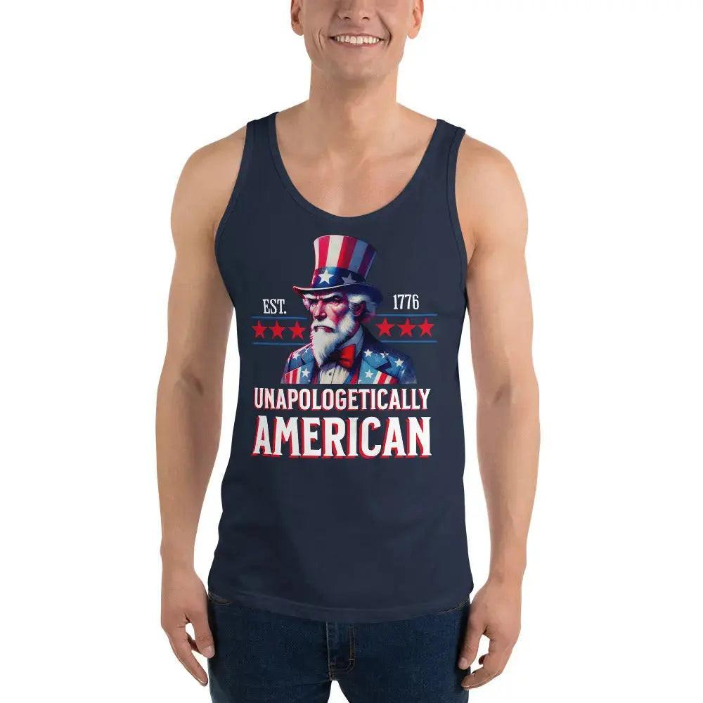 A man wearing a navy patriotic tank top with an Uncle Sam design and the text "Unapologetically American."