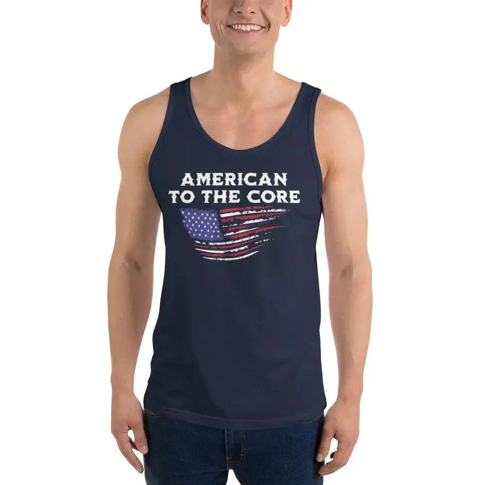 A man wearing a navy patriotic tank top with the American flag and the text "American To The Core."