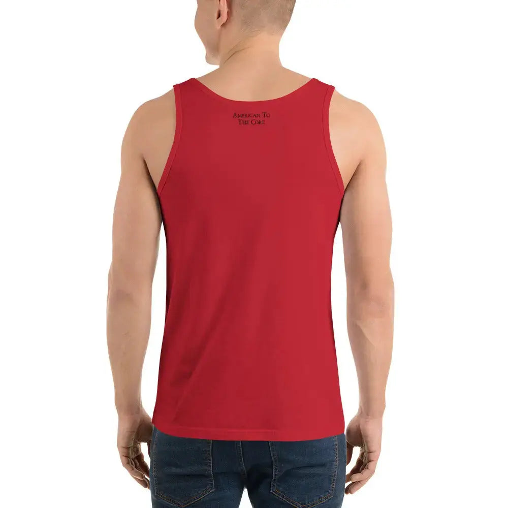 Back of a man wearing a red patriotic tank top with the text "American To the Core."