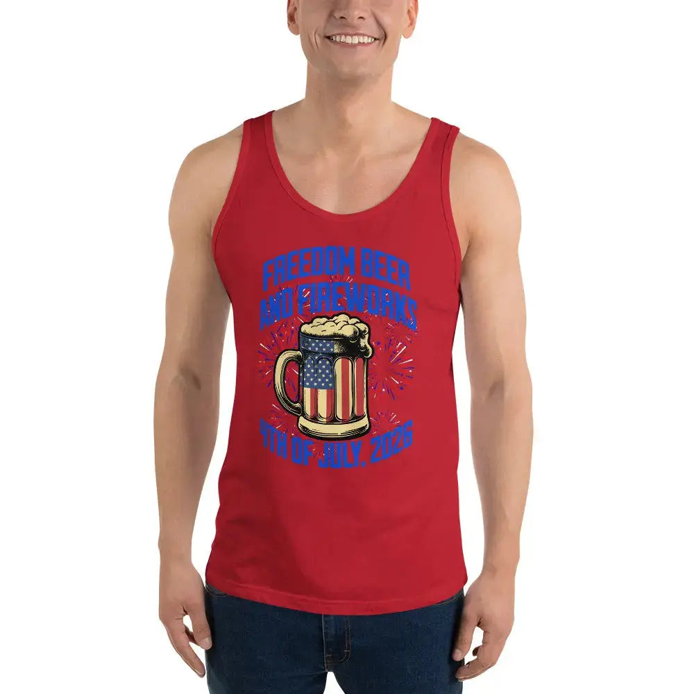 Man wearing a red patriotic tank top with an American flag in the shape of beer and the text "Freedom, Beer, and Fireworks, 4th of July, 2026."