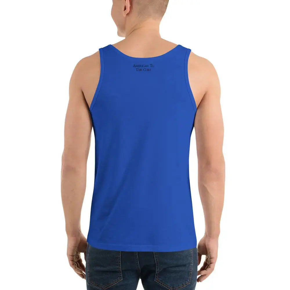 Back of a man wearing a royal blue patriotic tank top with the text "American To the Core."