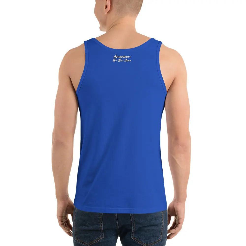 Back of a man wearing a royal blue patriotic tank top with the text "American To The Core."