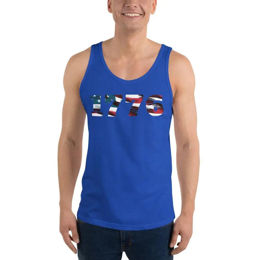 A man wearing a royal blue patriotic tank top with the American flag in the shape of 1776. 