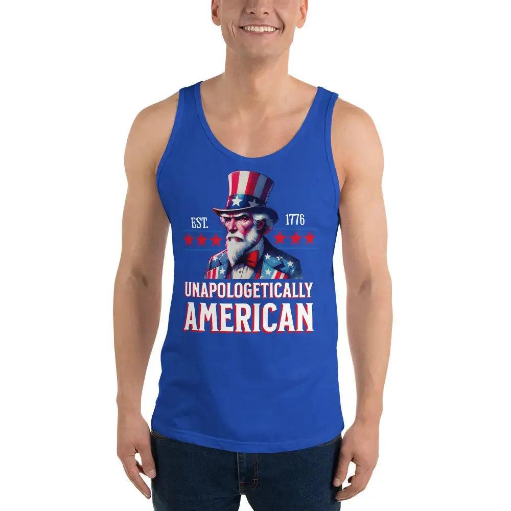 A man wearing a royal blue patriotic tank top with an Uncle Sam design and the text "Unapologetically American."