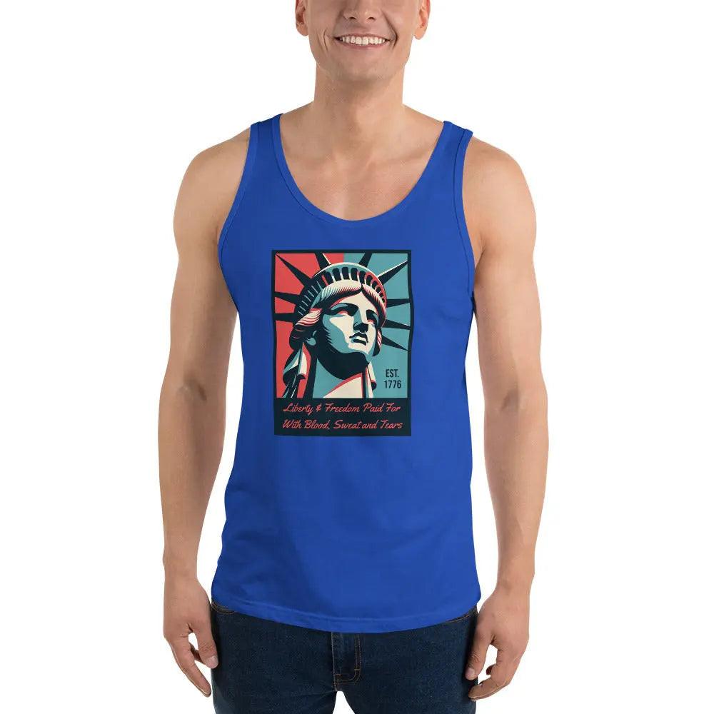 A man wearing a royal blue patriotic tank top with the Statue of Liberty and the text "Liberty and freedom paid for with sweat, blood, and tears."