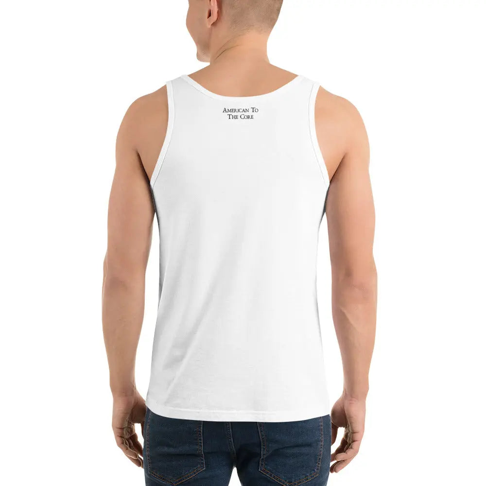 Back of a man wearing a white patriotic tank top with the text "American To the Core."