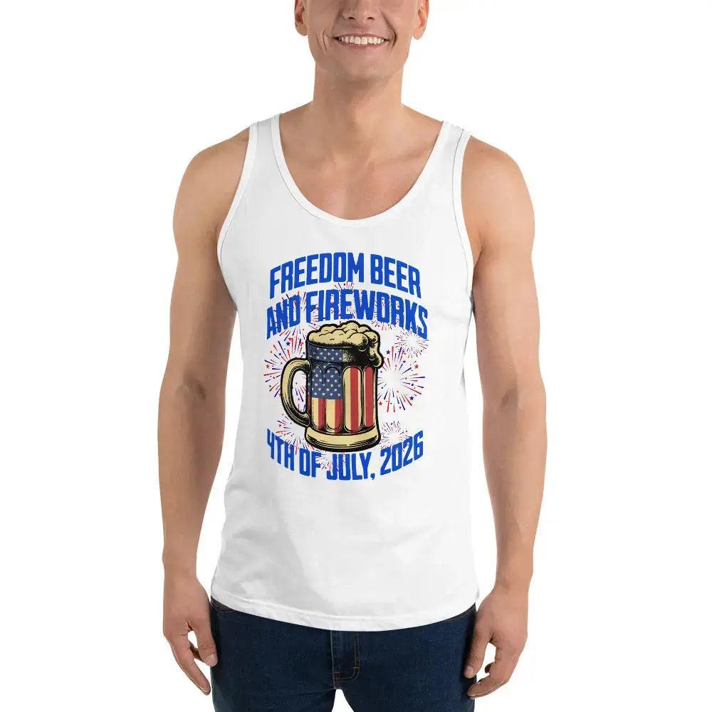 Man wearing a white patriotic tank top with an American flag in the shape of beer and the text "Freedom, Beer, and Fireworks, 4th of July, 2026."