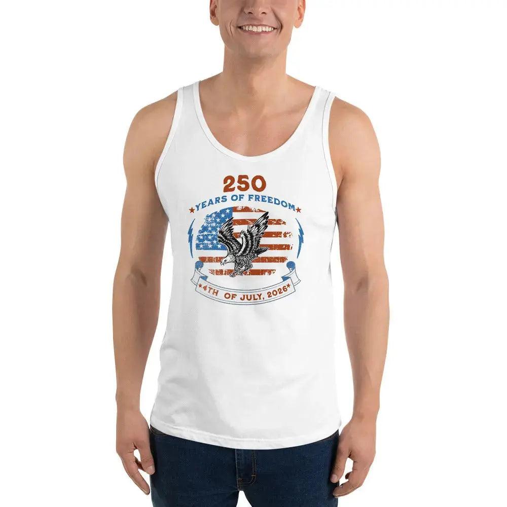A man wearing a white patriotic tank top with a flying eagle over the American flag and the text "250 years of freedom, 4th of July, 2026."