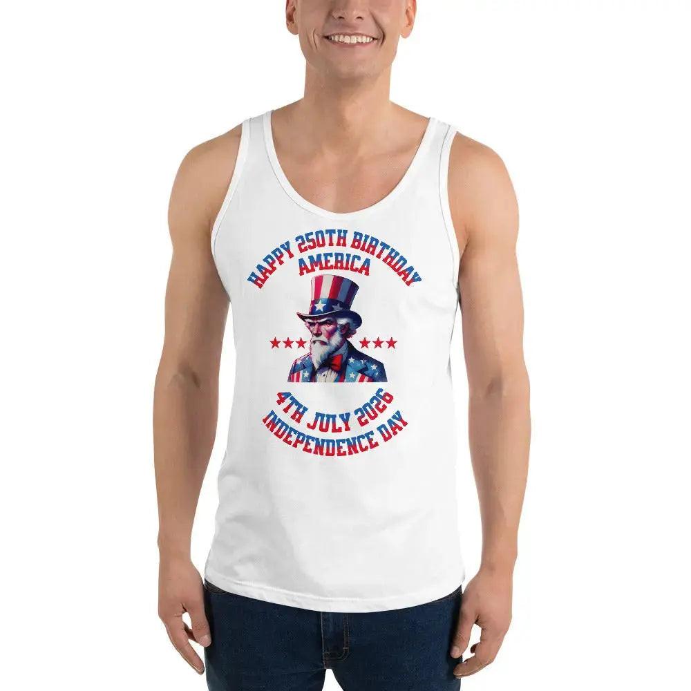 A man wearing a white patriotic tank top with Uncle Sam and the text "Happy 250th birthday America." 