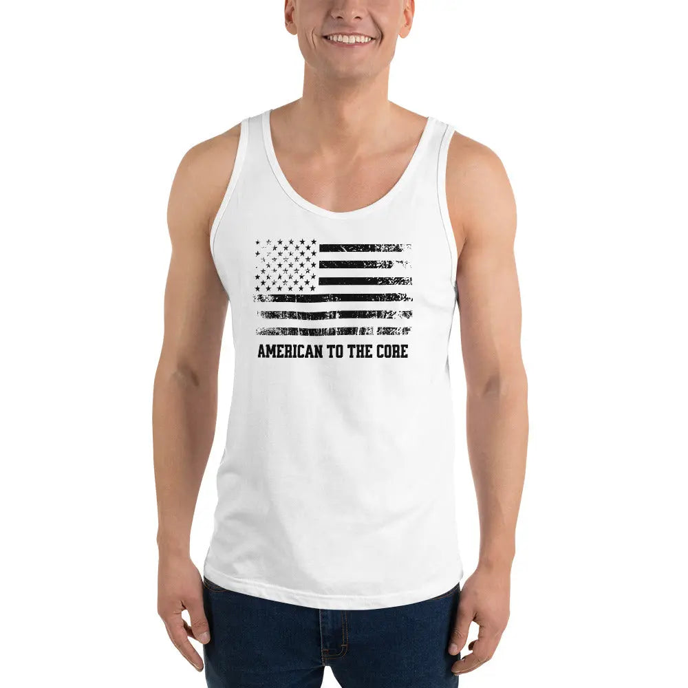 A man wearing a white patriotic tank top with the American flag and the text "American To The Core."