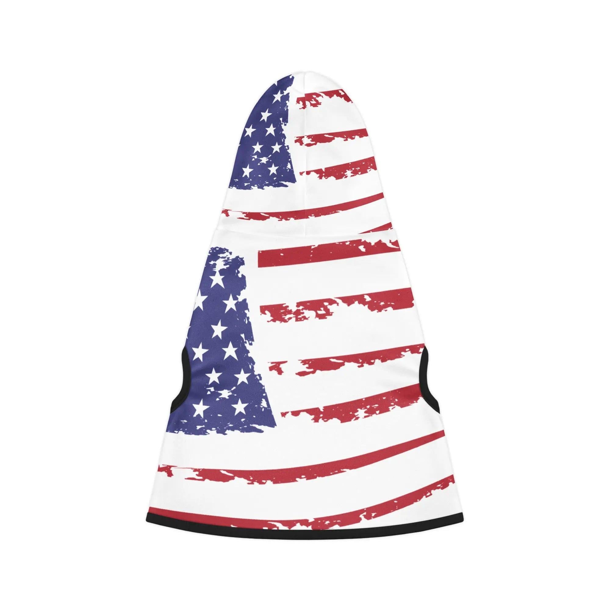 Patriotic dog hoodie with American flag design on it. 