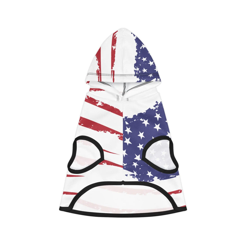 Patriotic dog hoodie with American flag design on it. 
