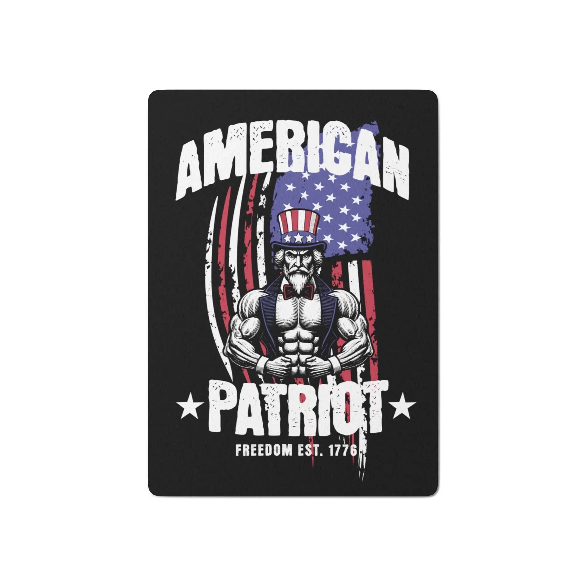 Patriotic playing cards: with an image of Uncle Sam flexing with the American flag behind him. and the text "American Patriot." 