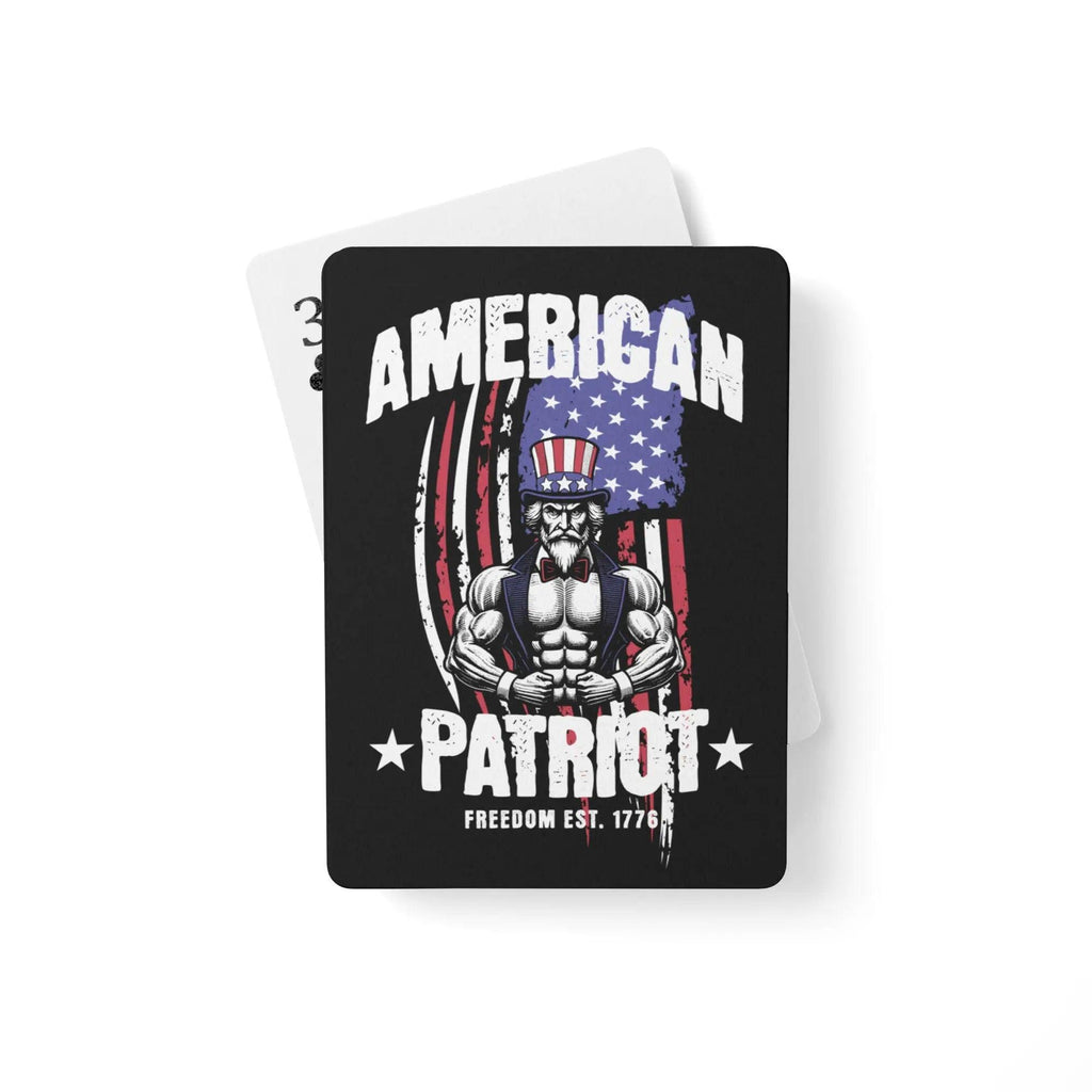 Patriotic playing cards: with an image of Uncle Sam flexing with the American flag behind him. and the text "American Patriot." 