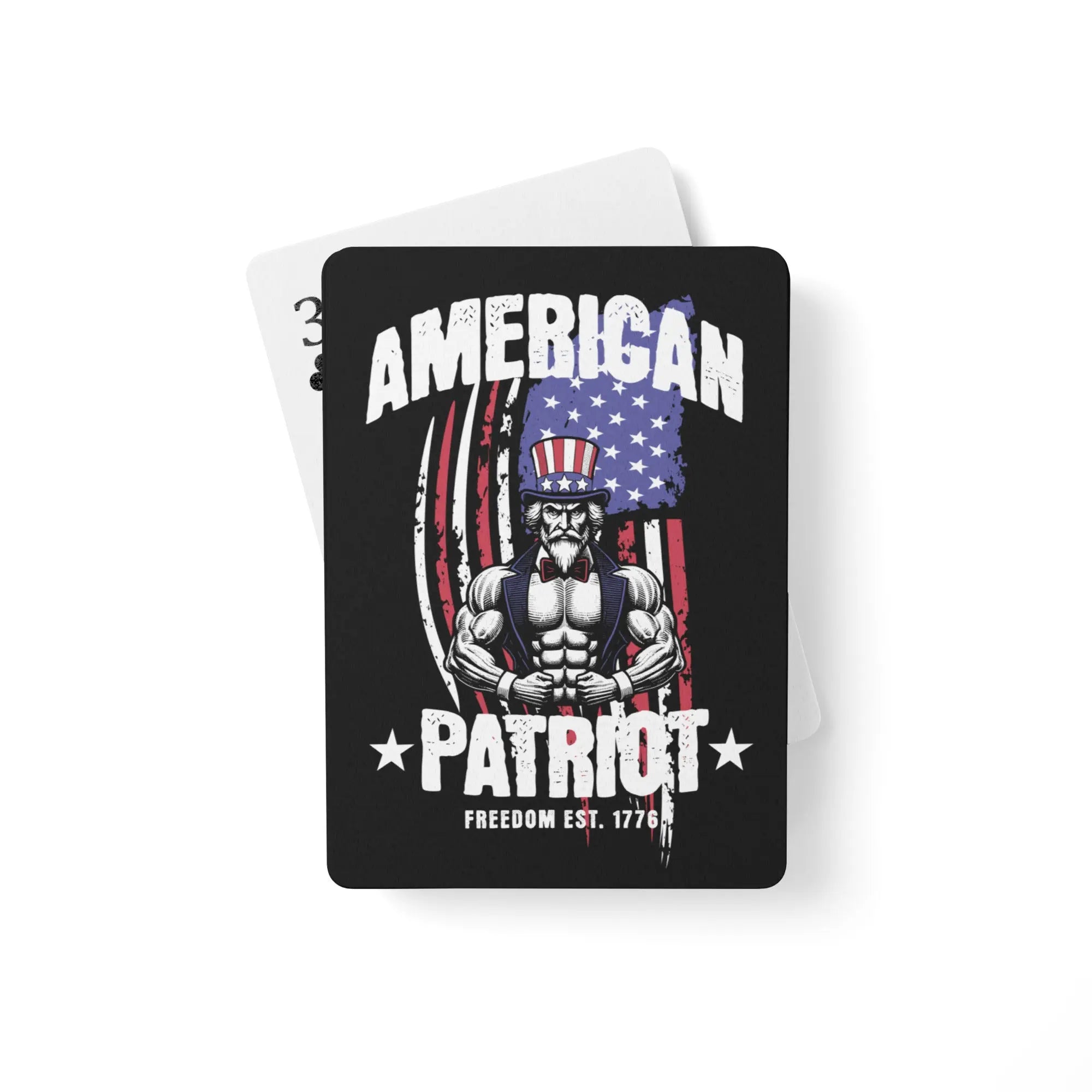 Patriotic playing cards: with an image of Uncle Sam flexing with the American flag behind him. and the text "American Patriot." 