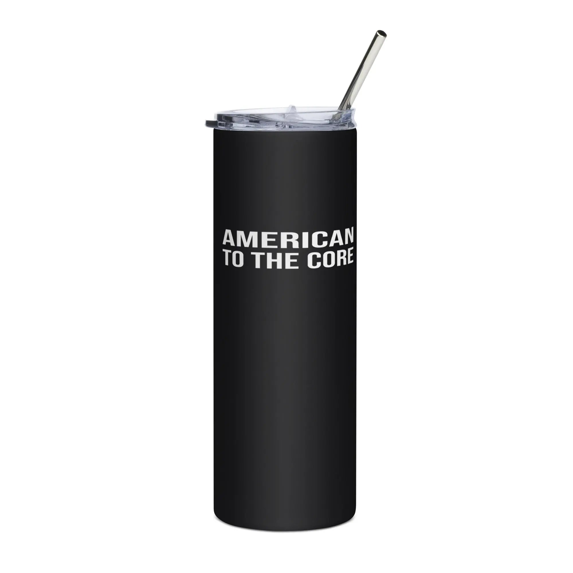 Black tumbler with 'American to the Core' text in white
