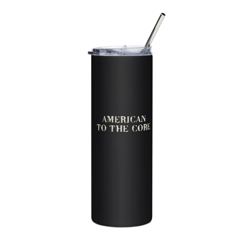 Black tumbler with 'American to the Core' text in white