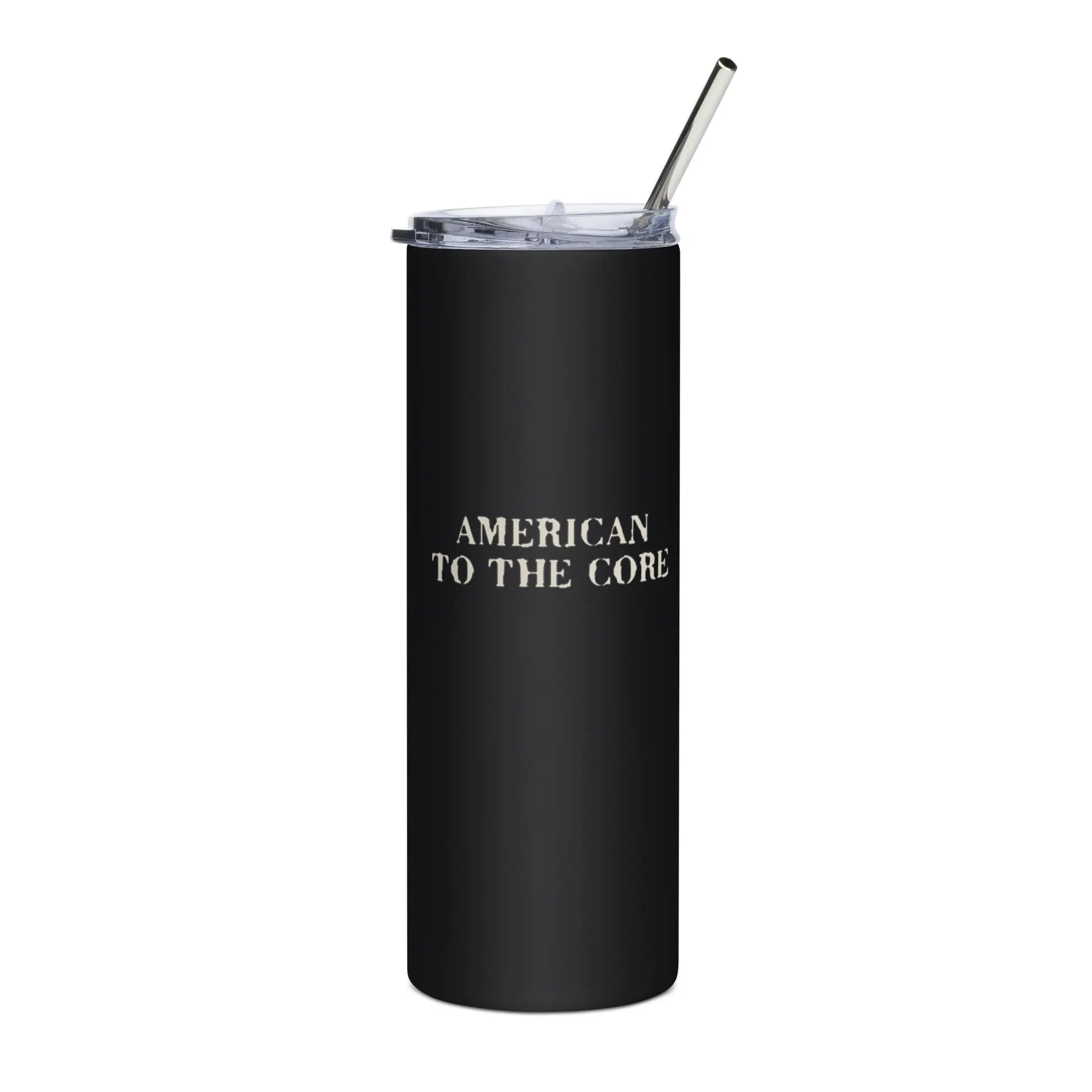 Black tumbler with 'American to the Core' text in white