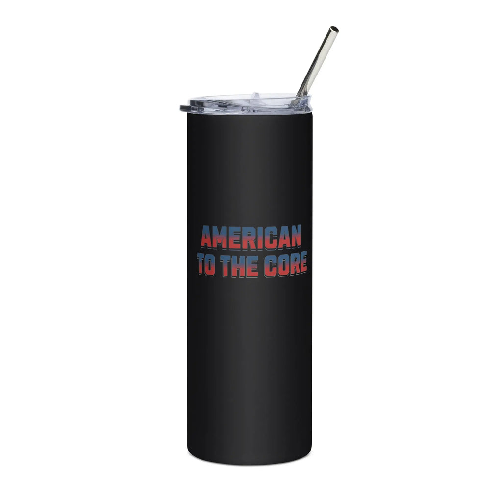 Black tumbler with 'American to the Core' text in red and blue