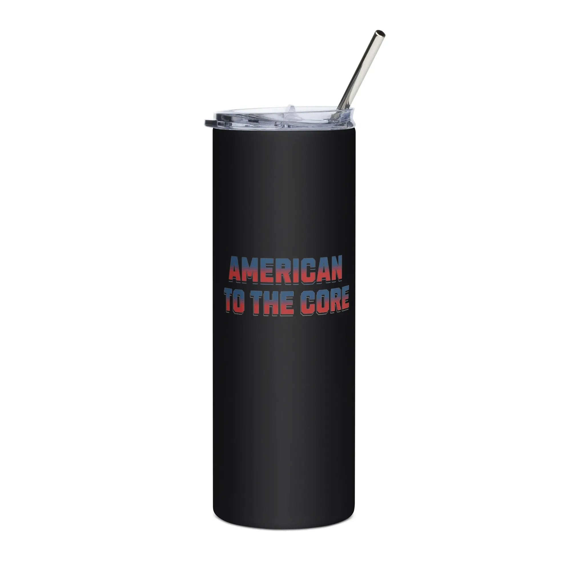 Black tumbler with 'American to the Core' text in red and blue