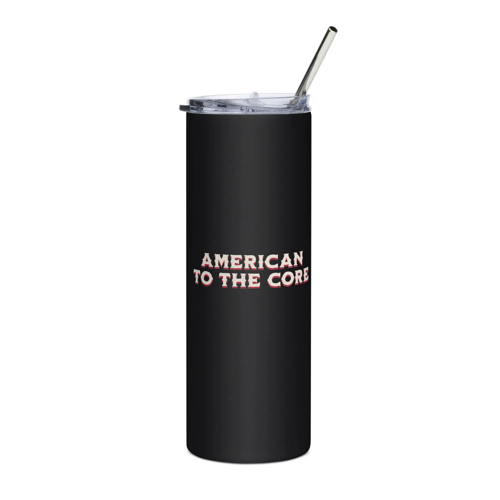 Black tumbler with 'American to the Core' text in white