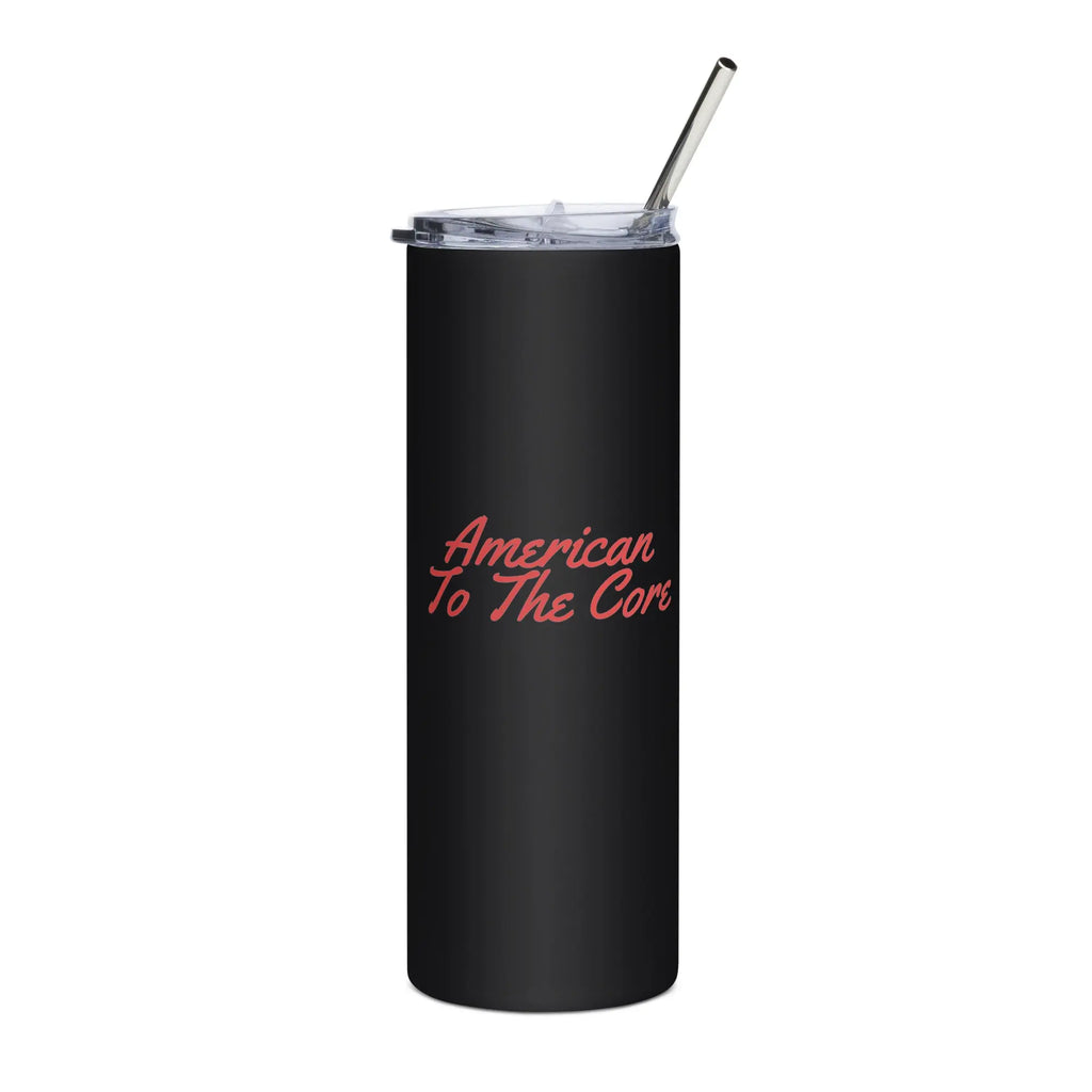 Black tumbler with 'American To The Core' text in red