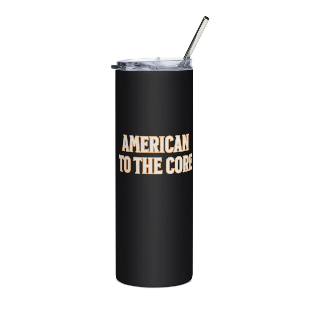 Black tumbler with 'American to the Core' text on a white background