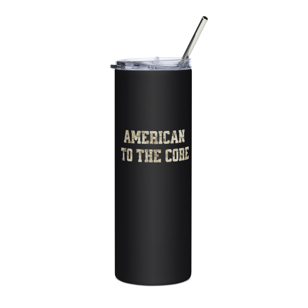 Black tumbler with 'American to the Core' text and a metal straw on a white background