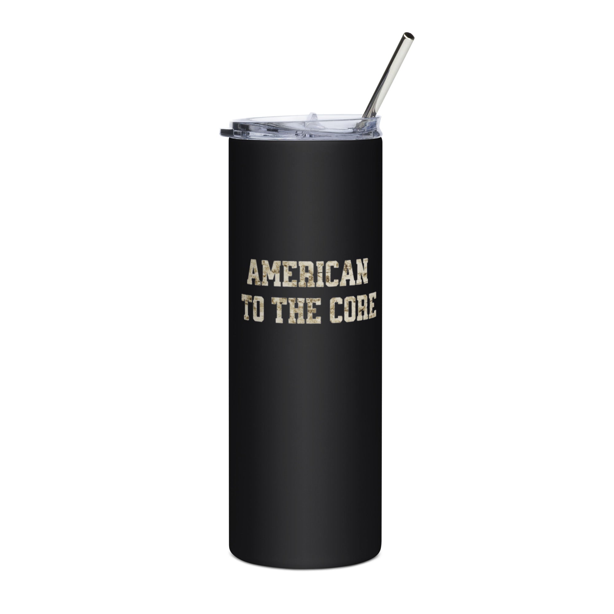 Black tumbler with 'American to the Core' text and a metal straw on a white background
