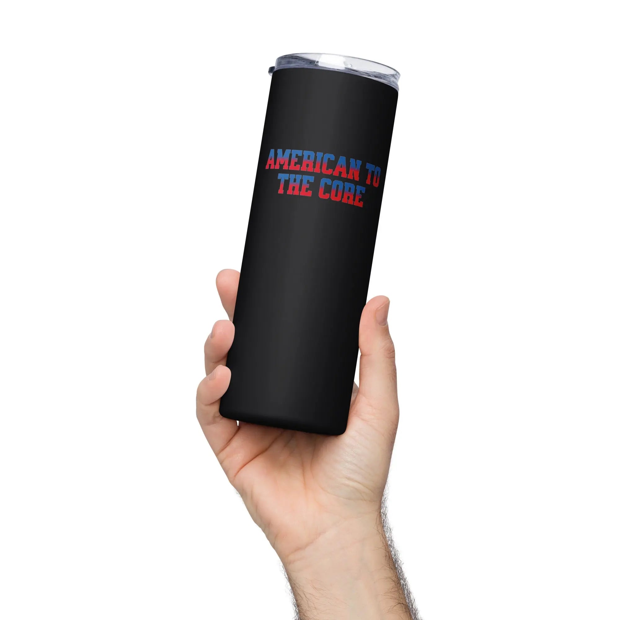 Patriotic stainless steel tumbler in black. With the text "American To The Core" in red and blue. 