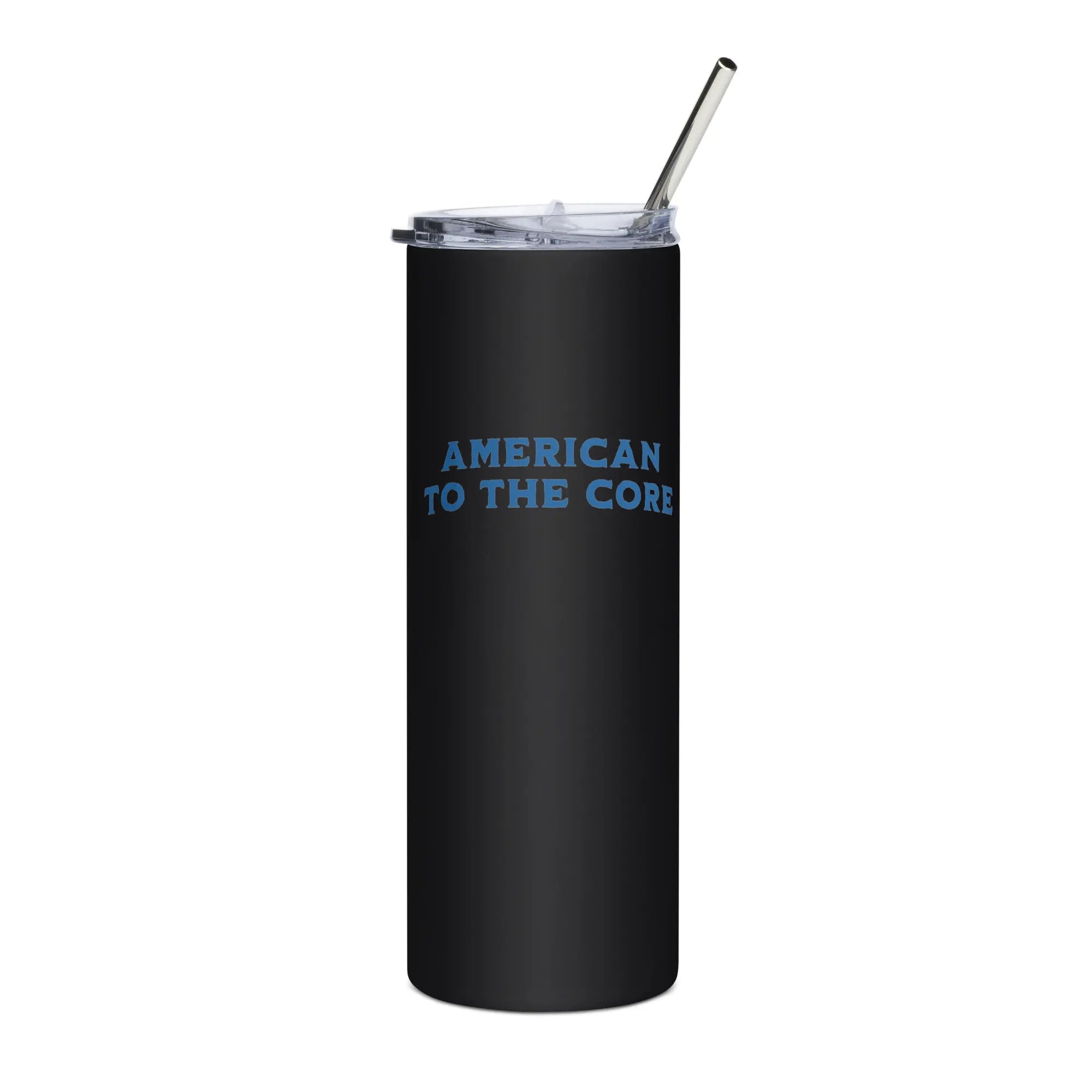 Black tumbler with 'American to the Core' text on a white background