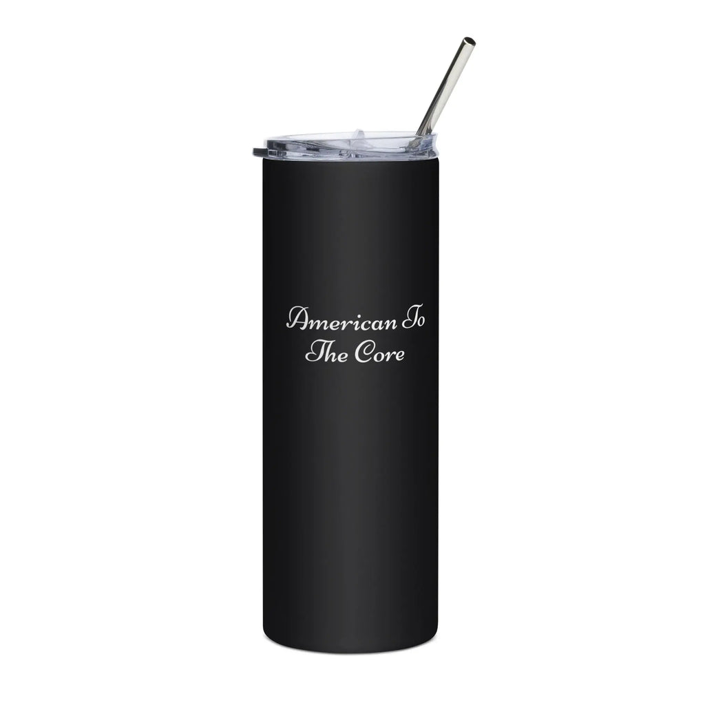 A black patriotic stainless steel tumbler with the text "American To the Core."