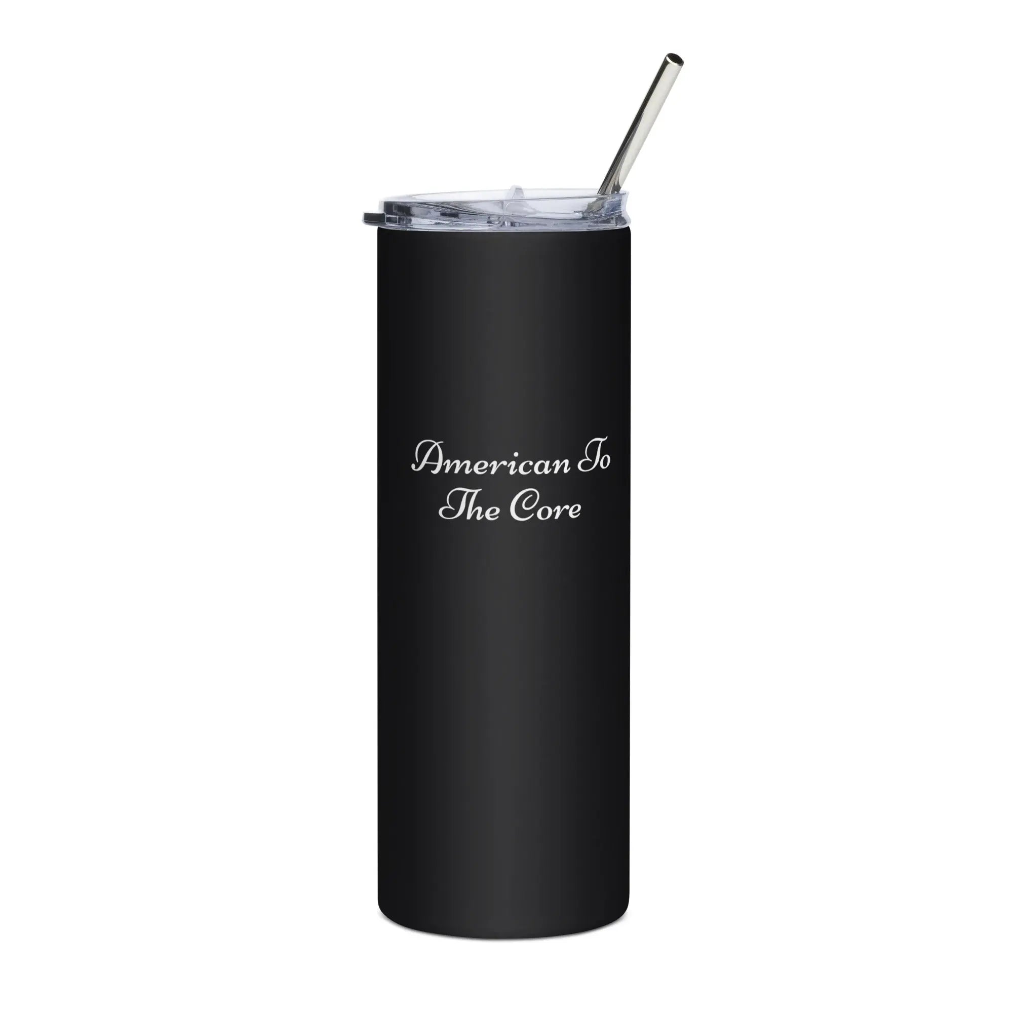 A black patriotic stainless steel tumbler with the text "American To the Core."
