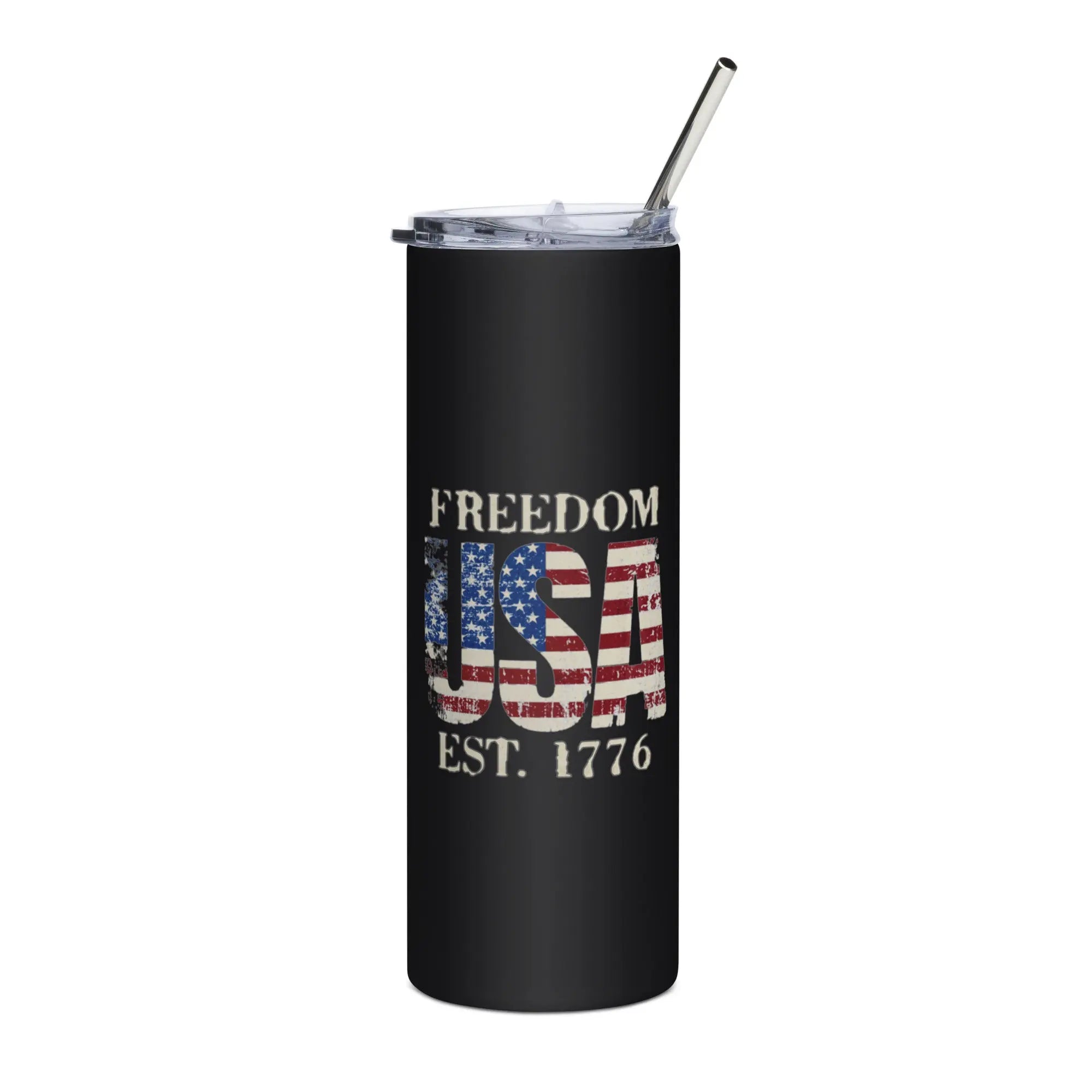 Black tumbler with American flag design and 'Freedom USA Est. 1776' text