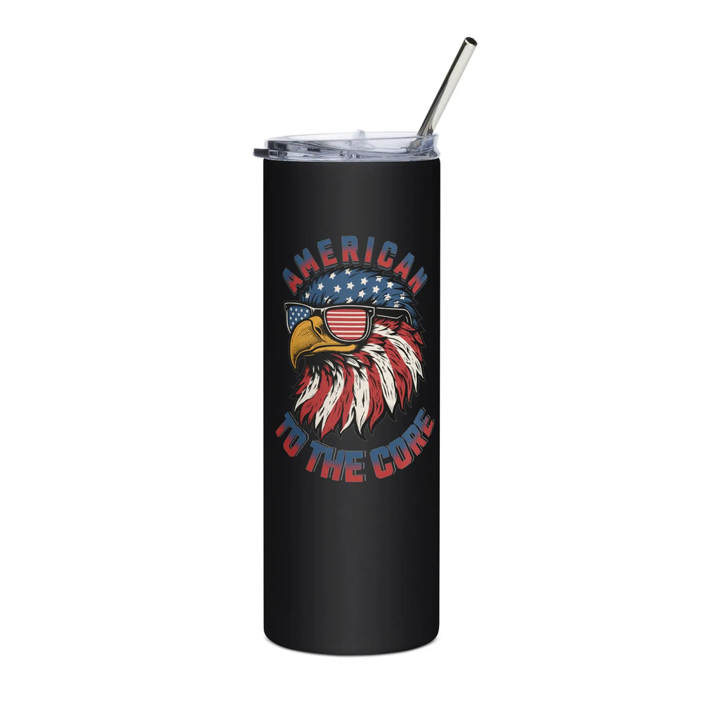 Black tumbler with an eagle design and 'American to the Core' text in red and blue.