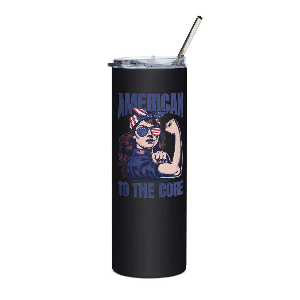 A tall black patriotic tumbler with a woman flexing and the text "American to the core" in blue