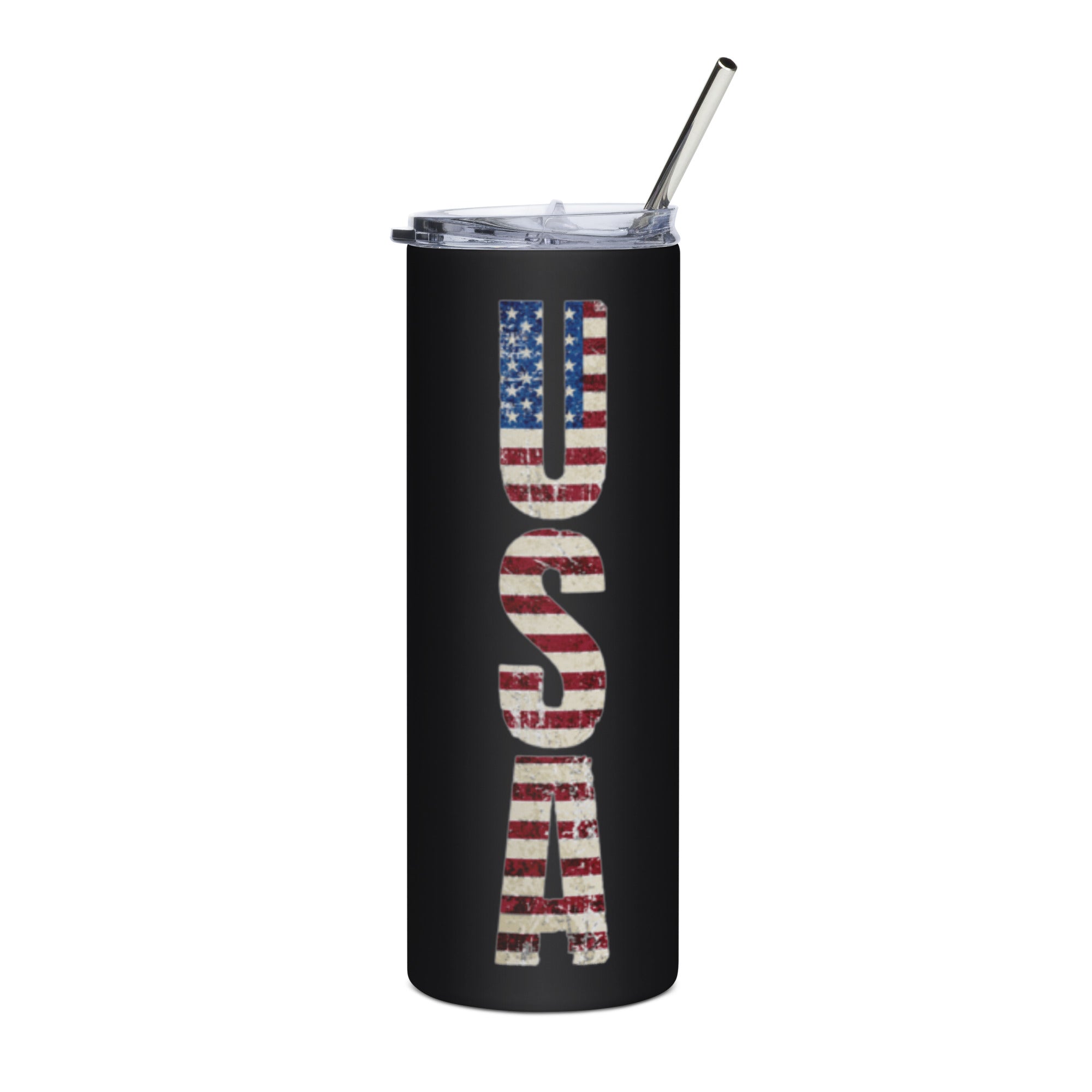 Black tumbler with American flag design and 'USA' text on a white background