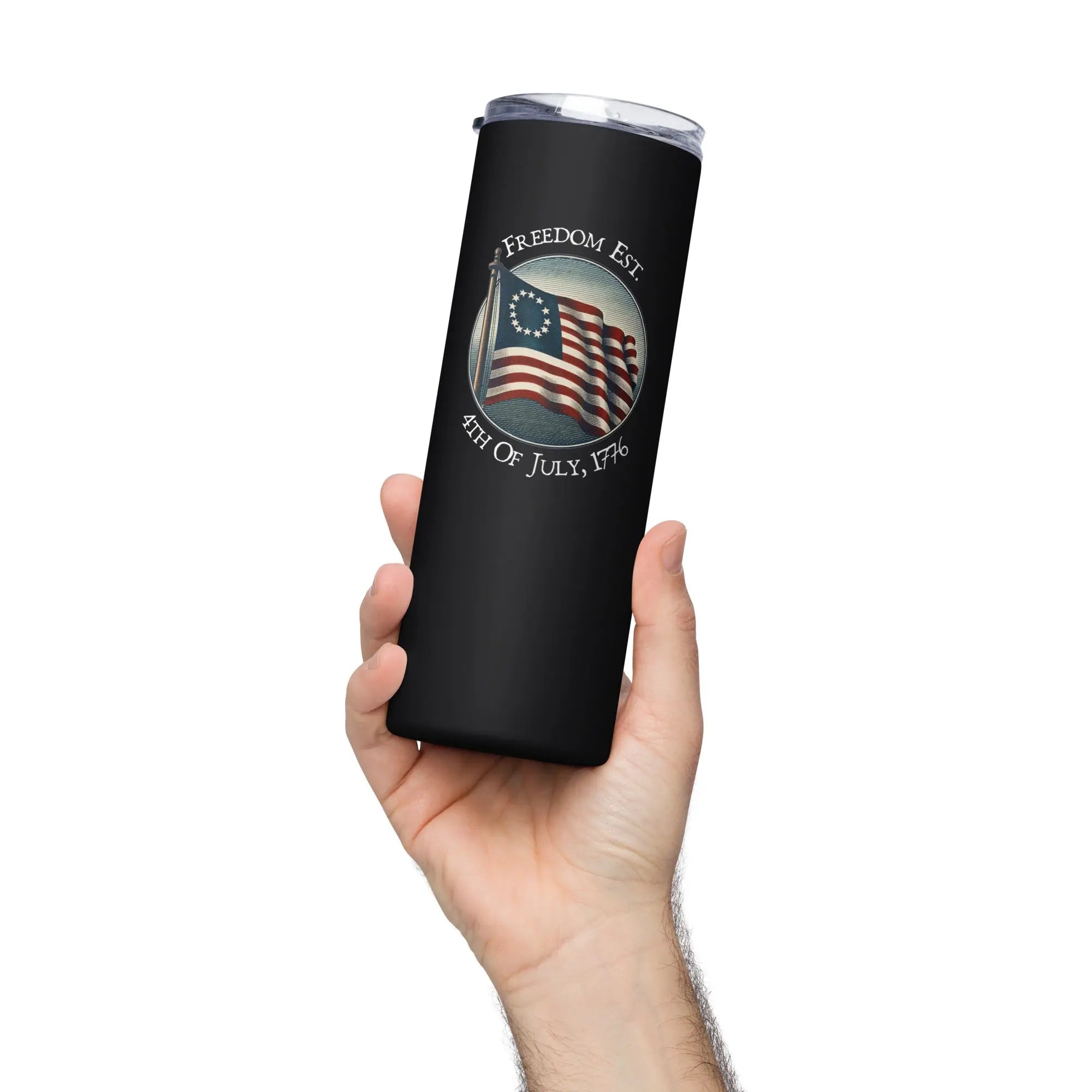 Back stainless steel tumbler with the American flag and the text "Freedom Est. 4th July, 1776."