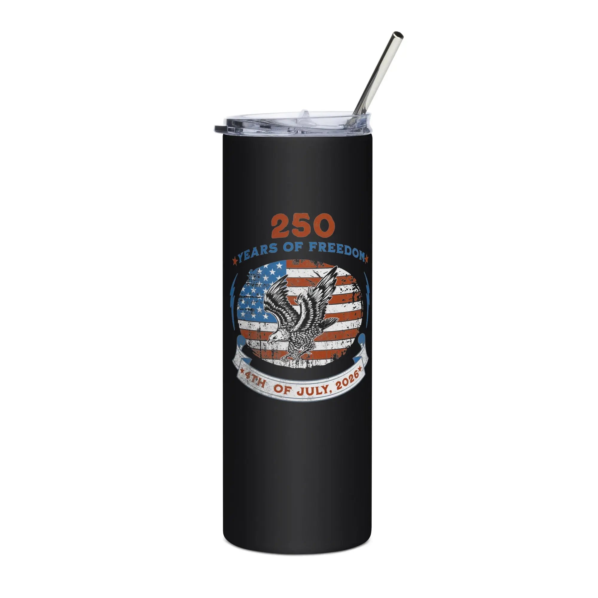 Black patriotic tumbler with American flag design and eagle, featuring '250 Years of Freedom' text.