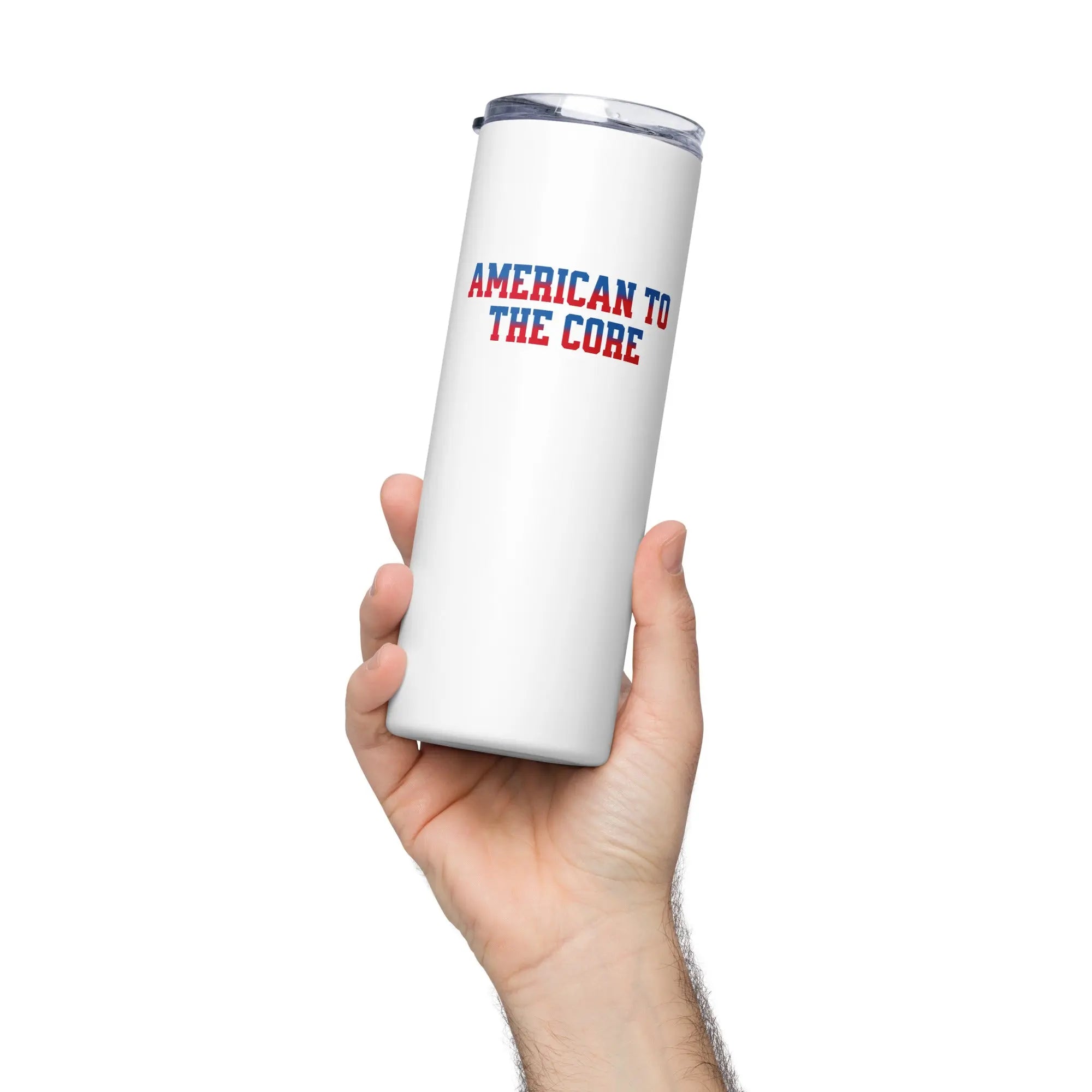 Patriotic stainless steel tumbler in white. With the text "American To The Core" in red and blue. 